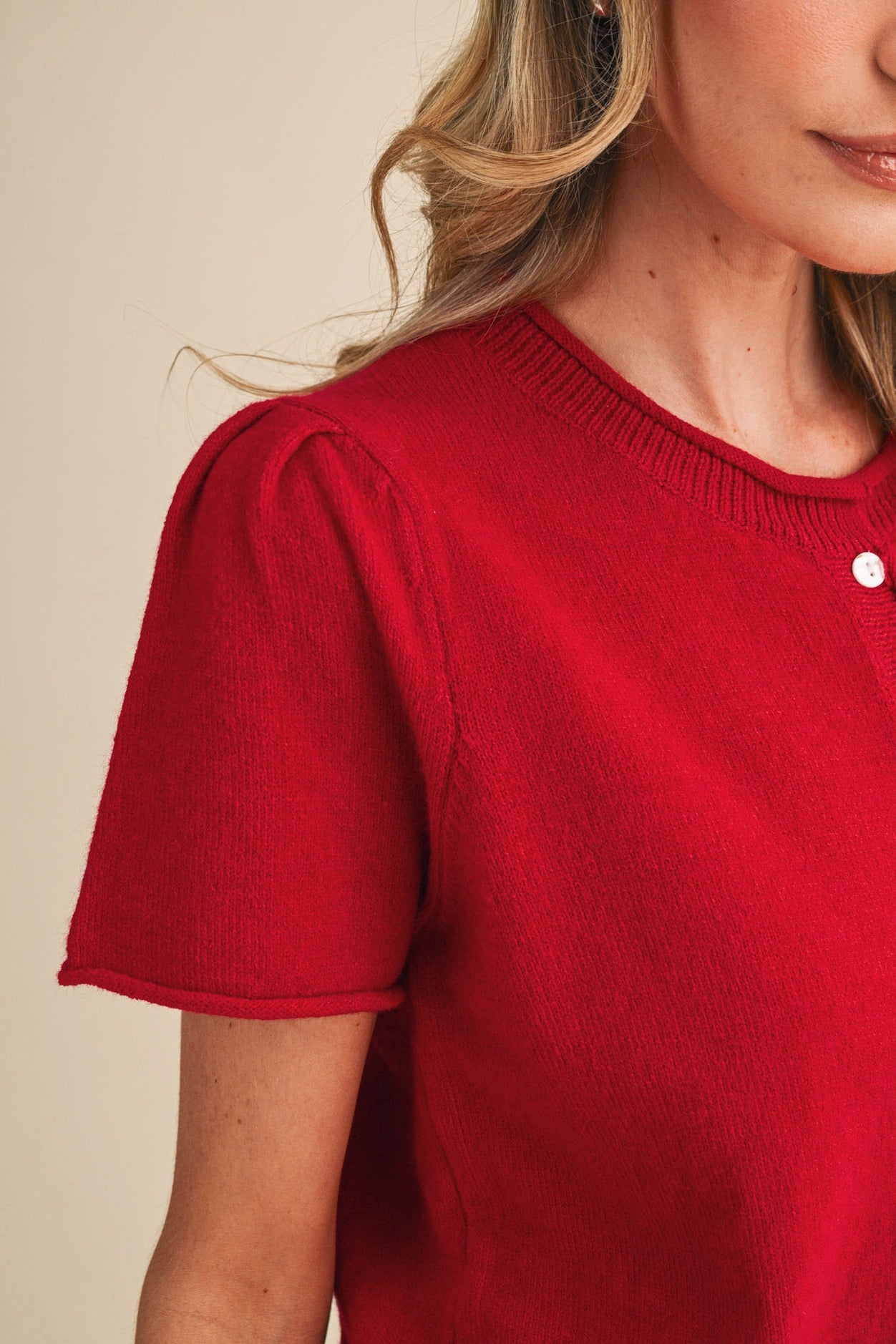 Short Sleeve Sweater Cardigan - Red