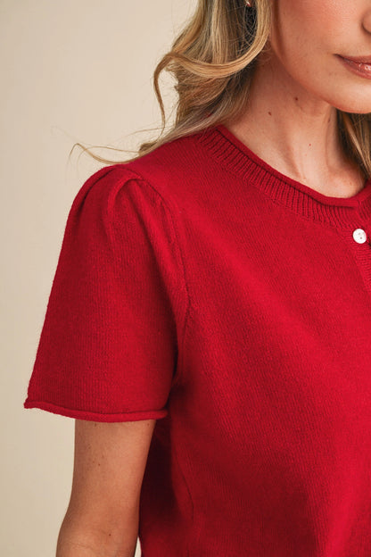 Short Sleeve Sweater Cardigan - Red