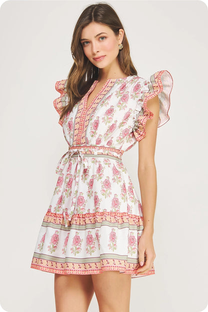 Floral Block Print Poplin Ruffle Sleeve Mini Dress - White/Pink