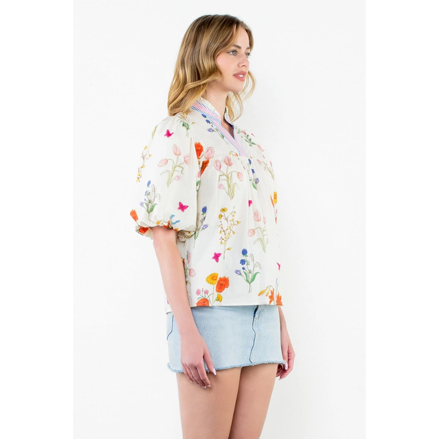 THML - Puff Sleeve Floral Top - Cream