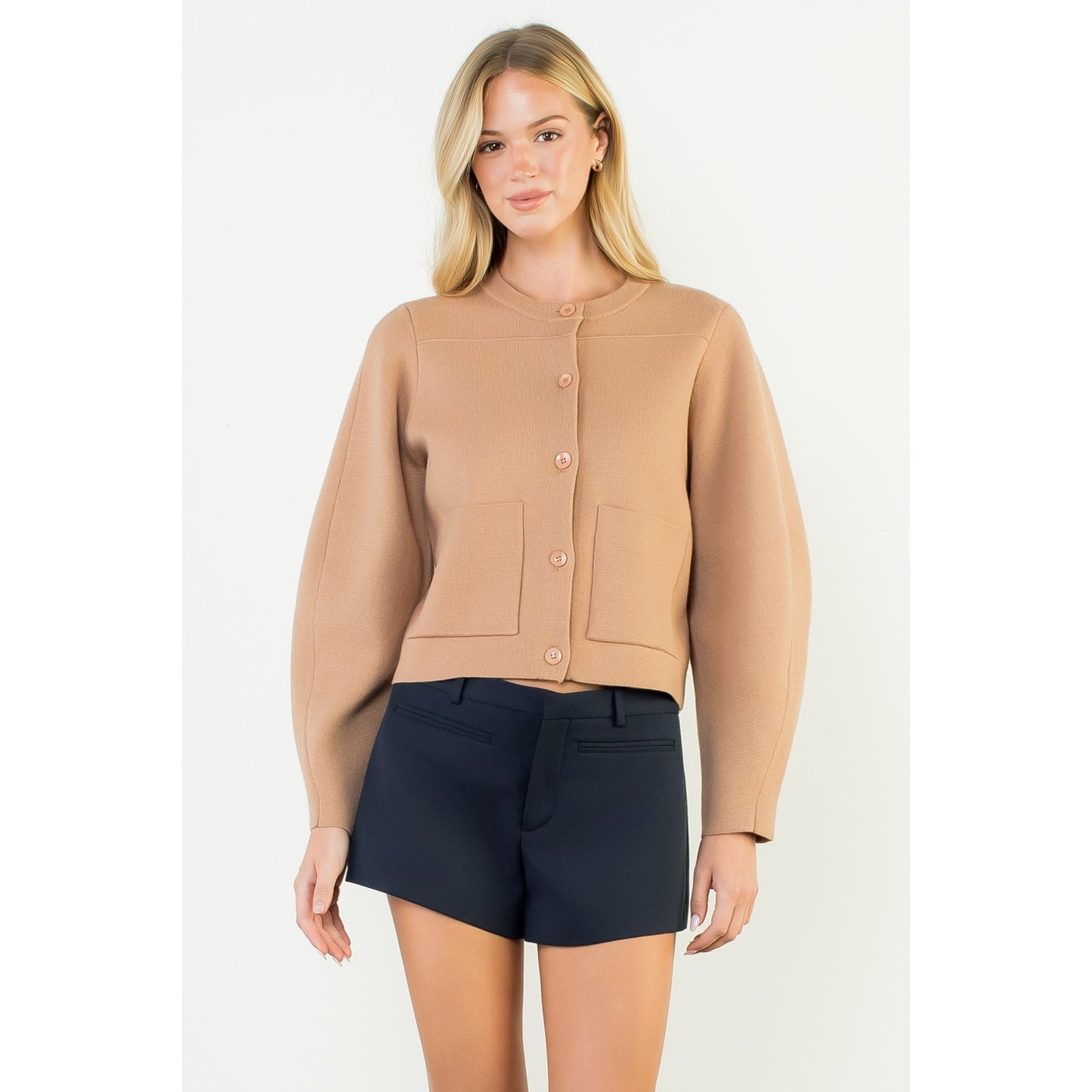 Long Sleeve Cropped Cardigan - Beige