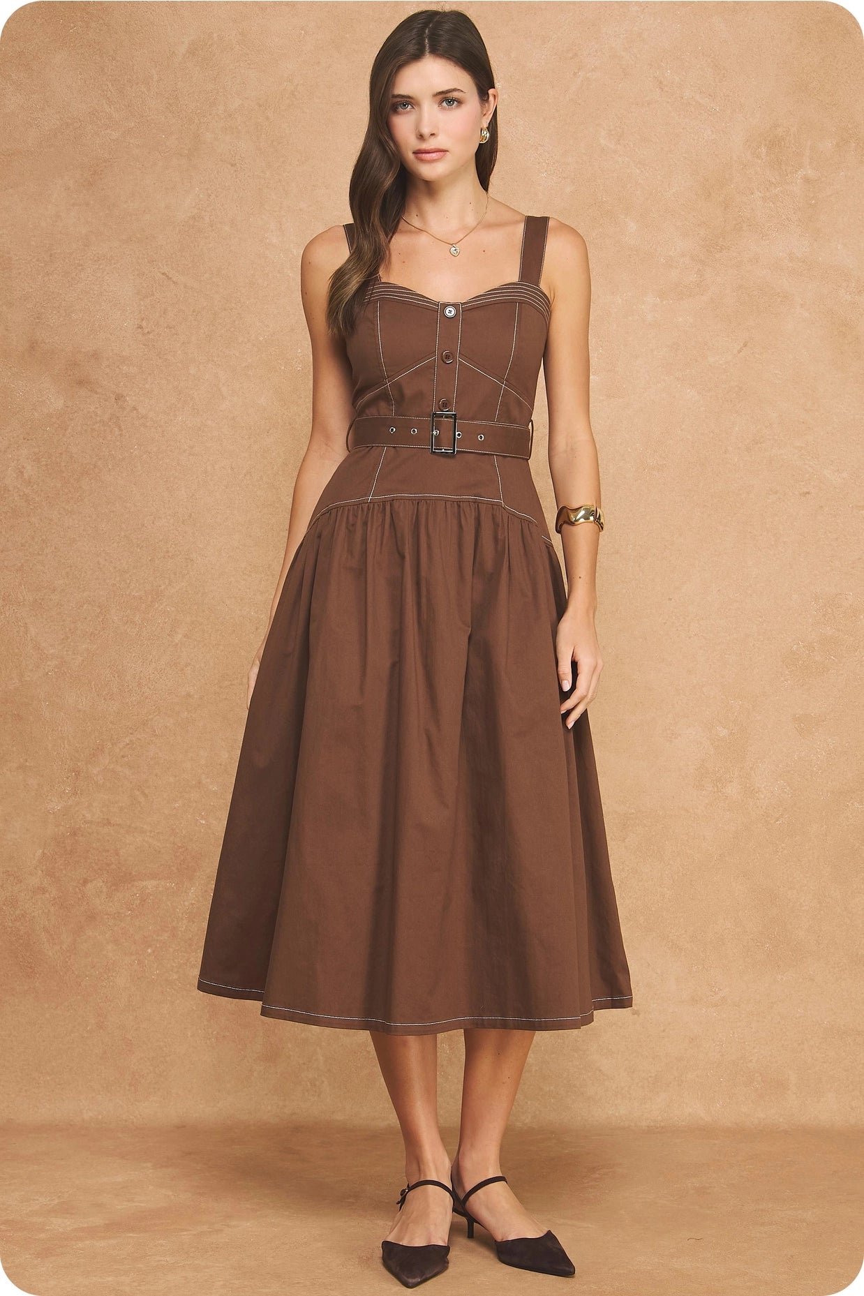 Contrast Top Stitch Sweetheart Belted A-Line Midi Dress - Chocolate Brown