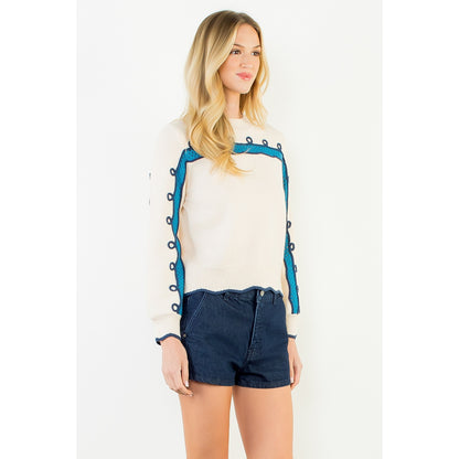 Long Sleeve Wavy Pattern Knitted Sweater - Cream