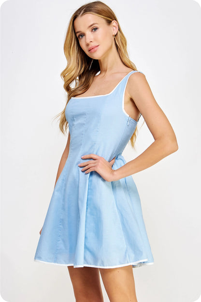 Piping Contrast Sleeveless Linen Mini Dress - Chambray