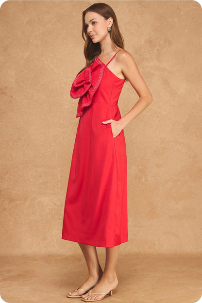 Statement Flower Rosette Top - Stitched Midi Dress - Red/Fuchsia