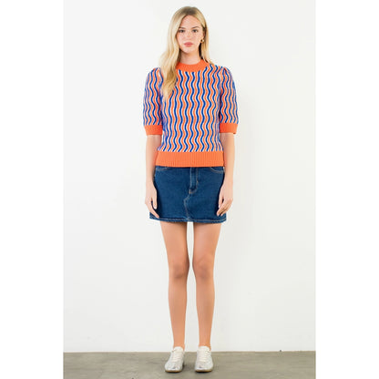 Short Sleeve Wavy Striped Top - Orange