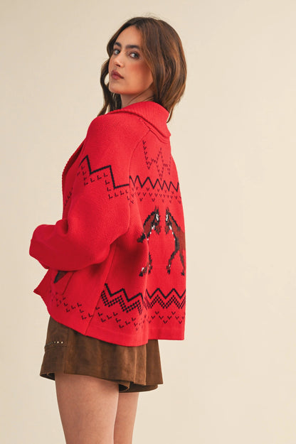 Horse Knit Sweater Cardigan - Red