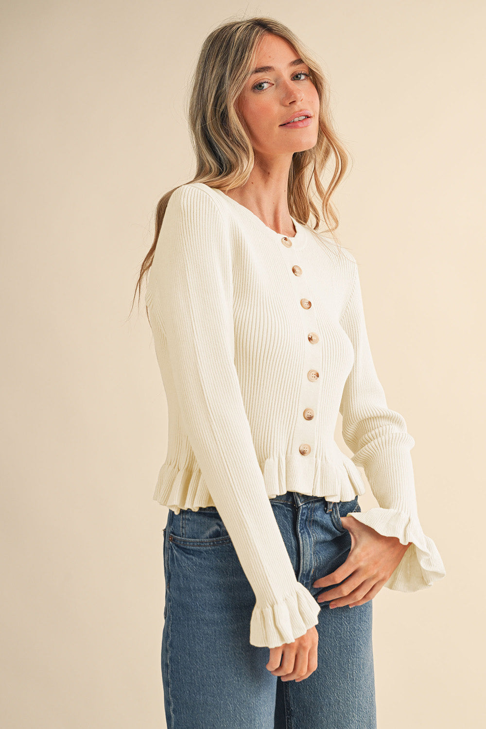 Ruffle Hem Ribbed Knit Sweater Cardigan - Cloud Dancer
