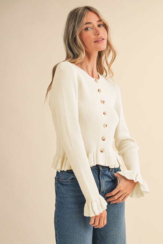 Ruffle Hem Ribbed Knit Sweater Cardigan - Cloud Dancer