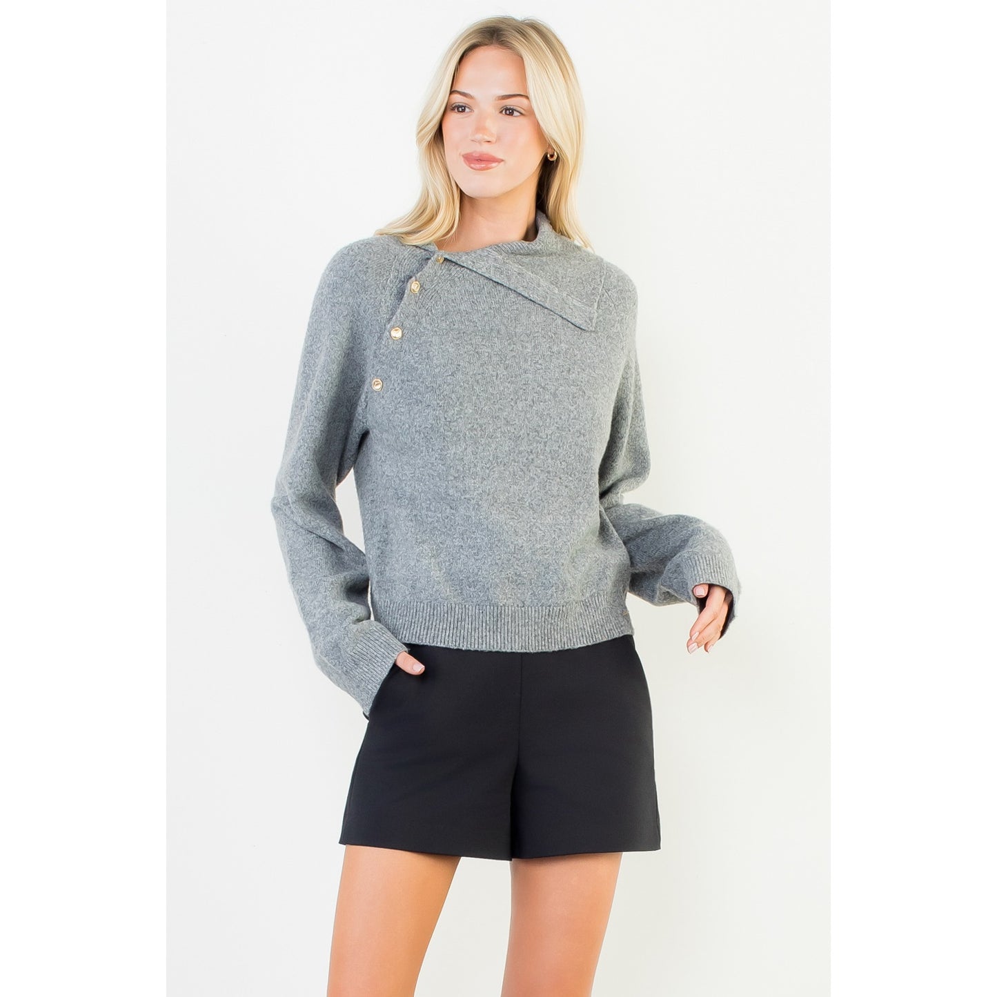 Long Sleeve Knitted Sweater - Heather Gray