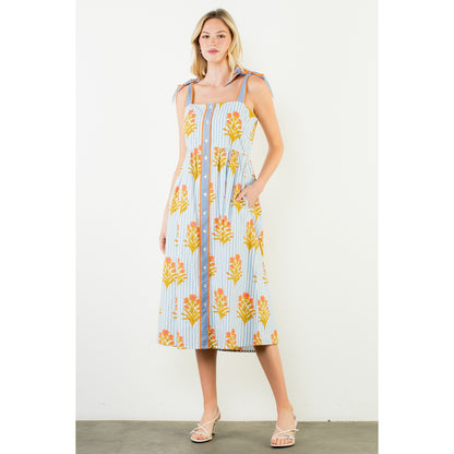Tie Straps Floral Pattern Button Down Dress - Blue - Spinout