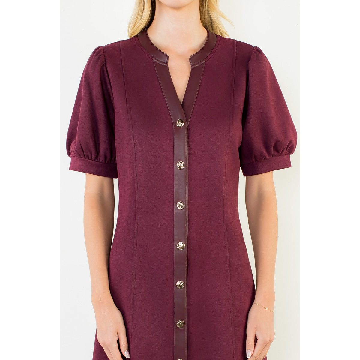 Suede Short Dress with Gold Buttons - Burgundy