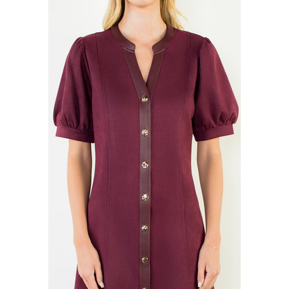 Suede Short Dress with Gold Buttons - Burgundy