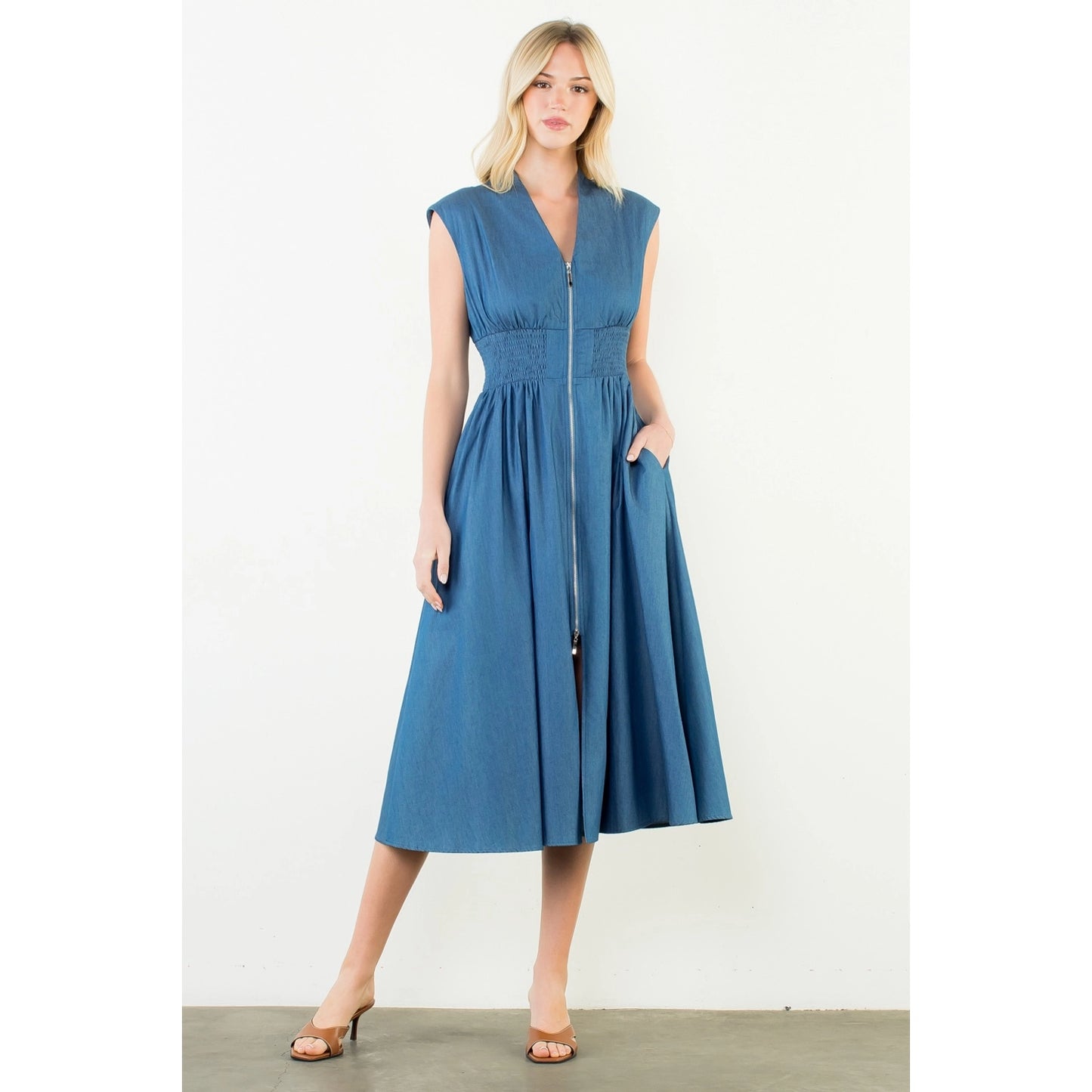 Sleeveless Denim Smocked Waist Dress - Denim Blue