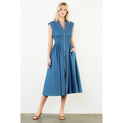 Sleeveless Denim Smocked Waist Dress - Denim Blue