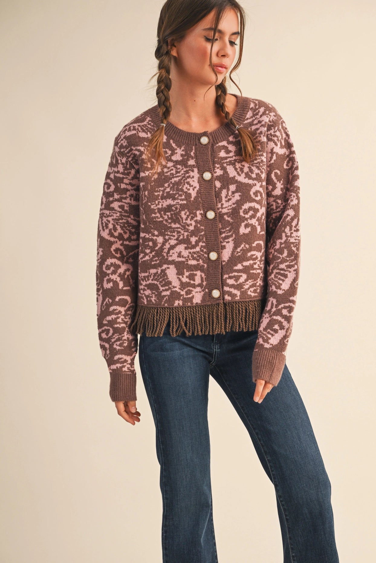 Floral Knit Fringed Sweater Cardigan - Mocha Pink