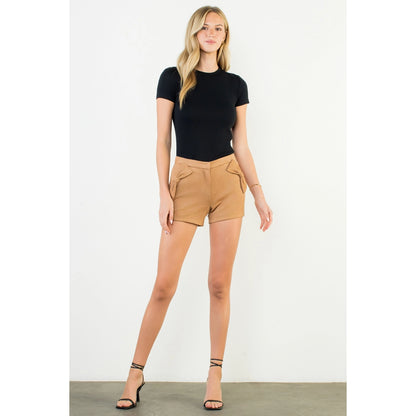 Bow Detail High Waist Suede Shorts - Camel