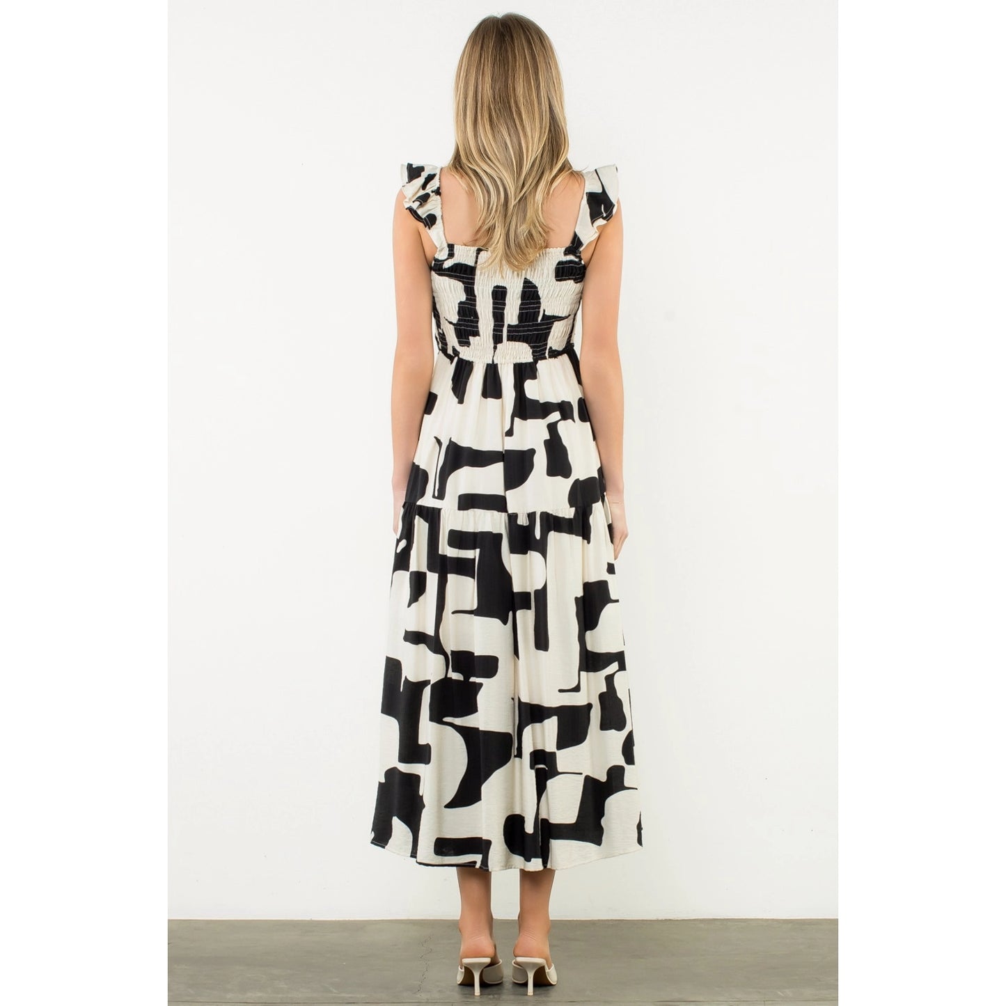 THML - Ruffle Strap Abstract Print Maxi Dress - Black