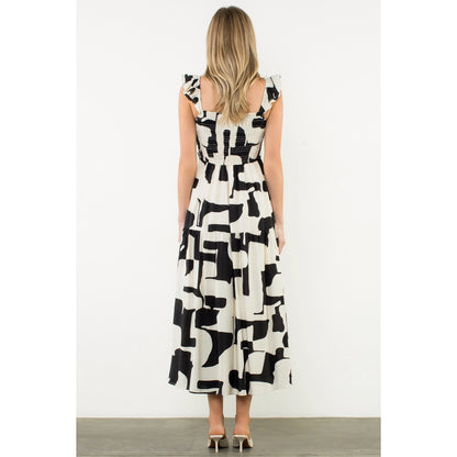 THML - Ruffle Strap Abstract Print Maxi Dress - Black