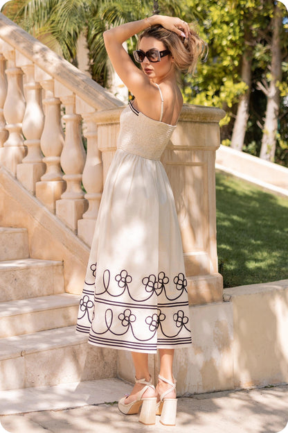Contrast Embroidered Trim Linen Midi Dress - Ecru/Black