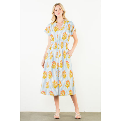 Short Sleeve Floral Striped Print Dress - Blue