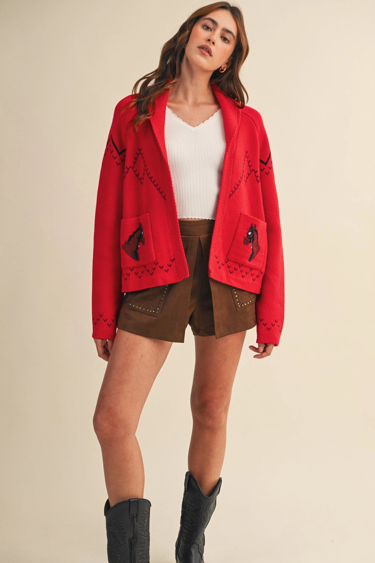 Horse Knit Sweater Cardigan - Red