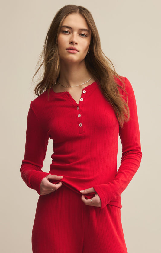 Holly Pointelle Long Sleeve Top - Festive Red