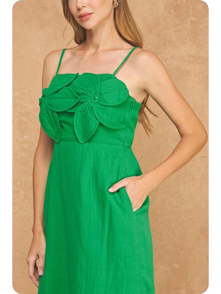 3D Floral Appliqué Midi Dress - Green