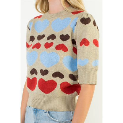 Short Sleeve Heart Knit Top - Taupe