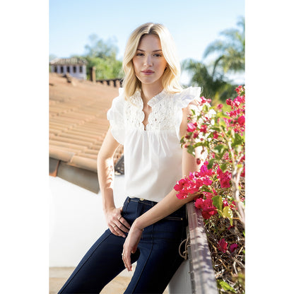 Flutter Sleeve Top w/ Embellished Yoke - White