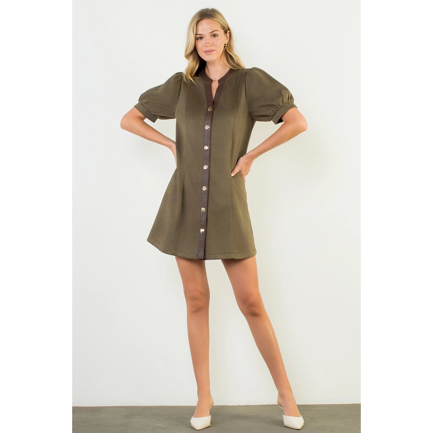 Puff Sleeve V-Neck Button Up Suede Dress - Olive