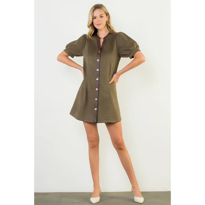 Puff Sleeve V-Neck Button Up Suede Dress - Olive