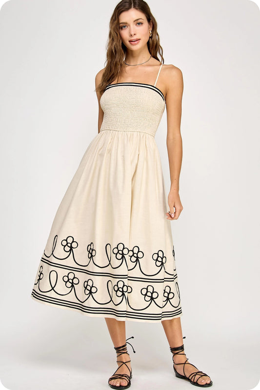Contrast Embroidered Trim Linen Midi Dress - Ecru/Black