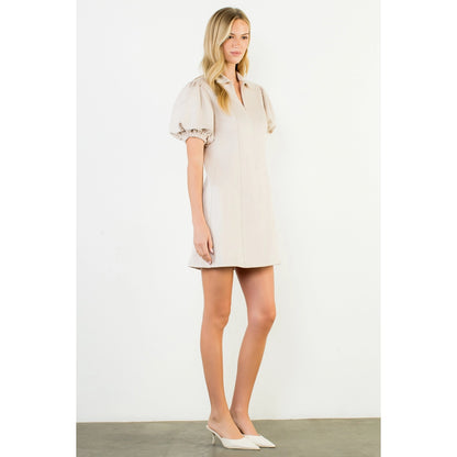 Collared Puff Sleeve Suede Dress - Cream
