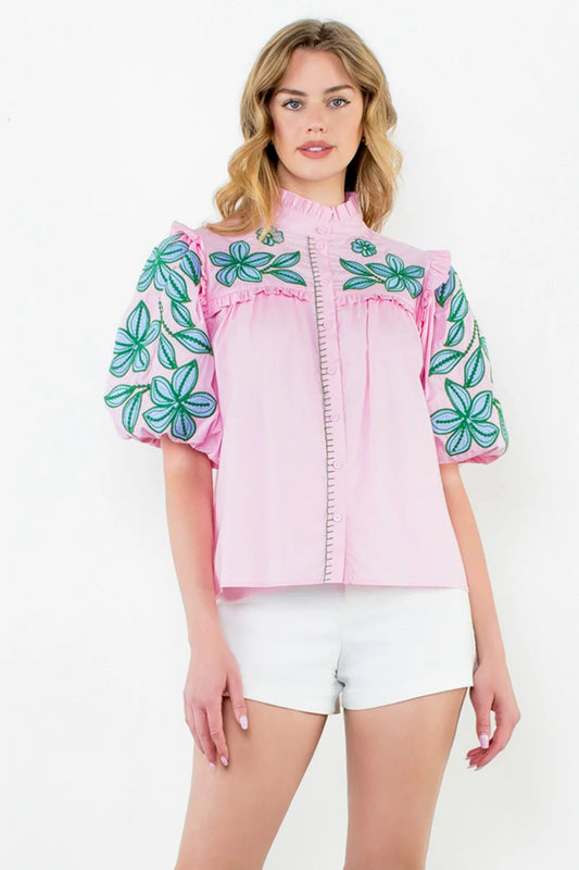 THML - Embroidered Puff Sleeve Poplin Top - Pink