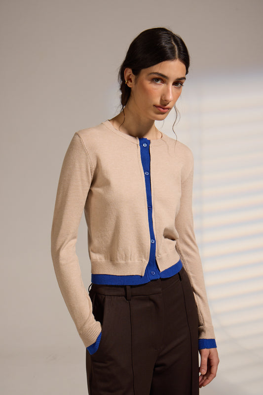 Zeppelin Cardigan - Greie Greige w/Electric Blue