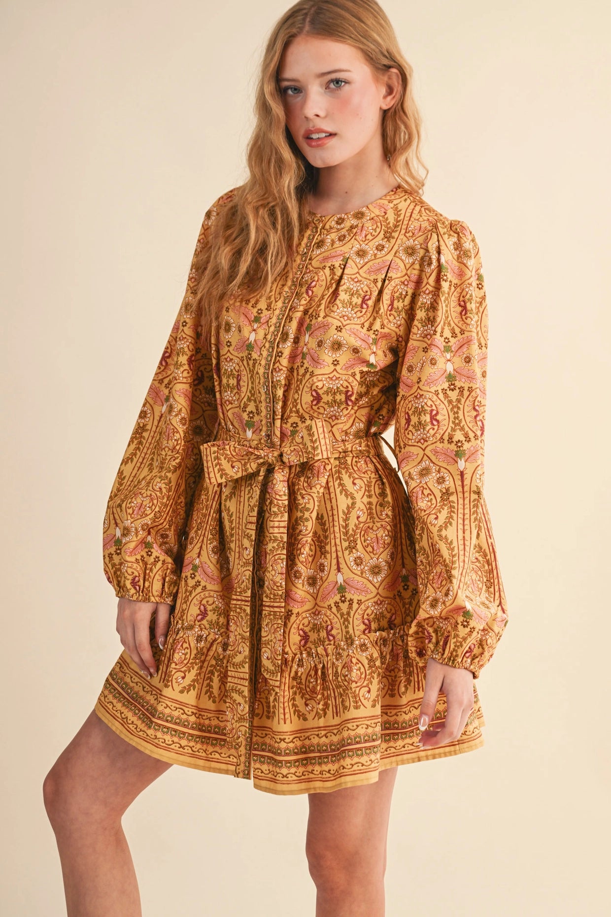 Exclusive Floral Print Button Down Belted Mini Dress - Mustard Multi