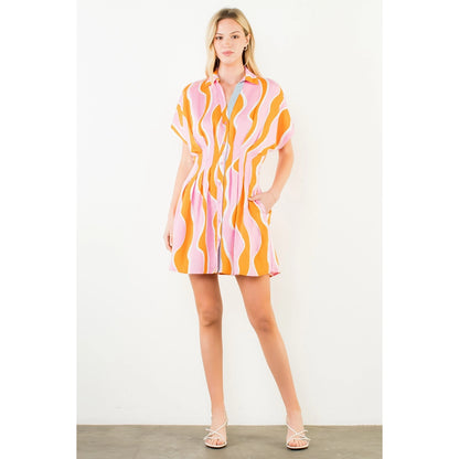 Short Sleeve Wavy Striped Pattern Dress - Pink