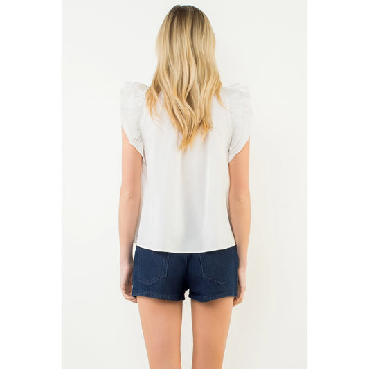 Flutter Sleeve Top w/ Embellished Yoke - White