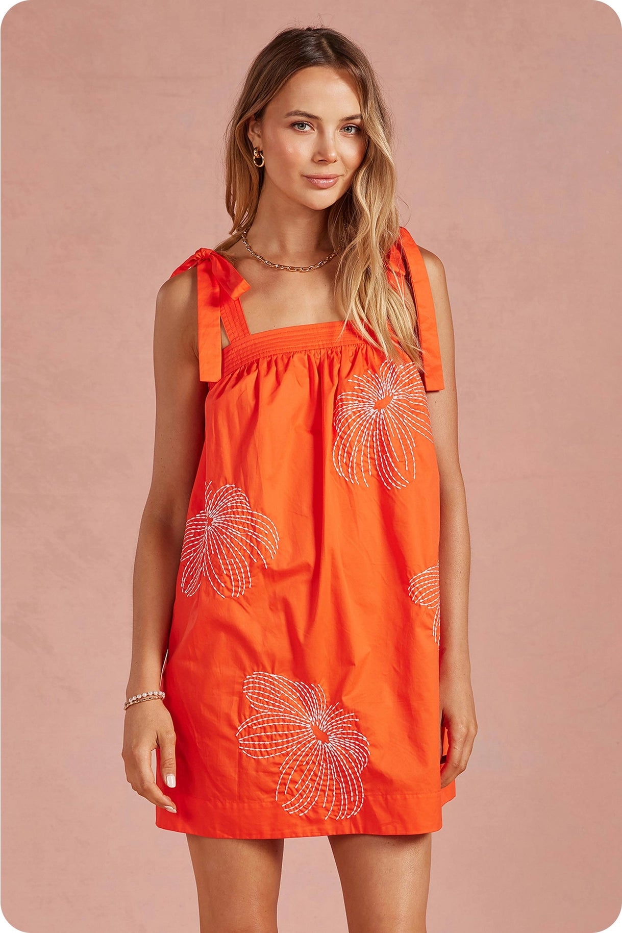 Embroidered Tie Shoulder Sleeveless Mini Dress - Orange/Off White