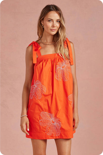 Embroidered Tie Shoulder Sleeveless Mini Dress - Orange/Off White