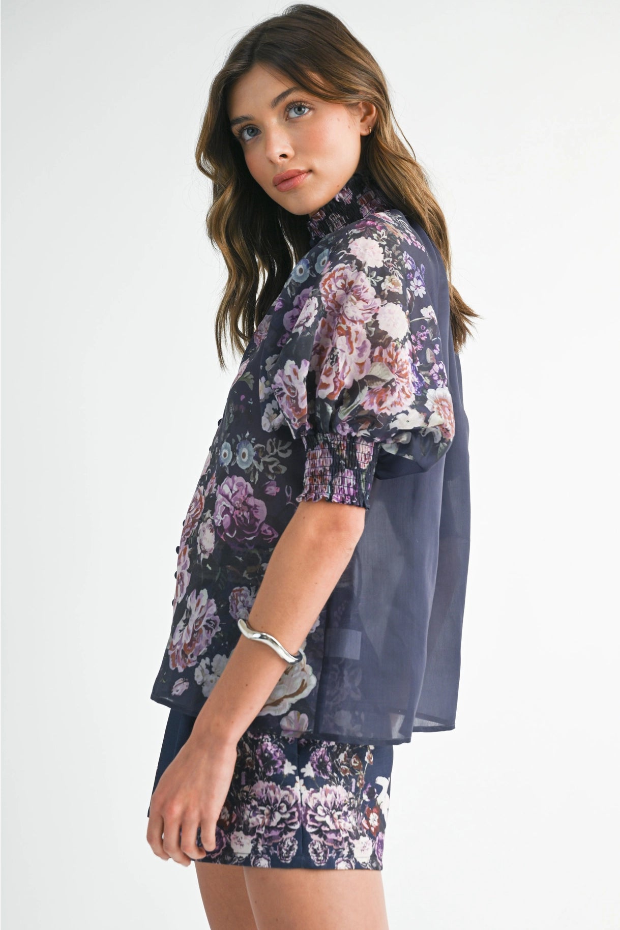Floral Button Up Top and Short Set - Navy Flower