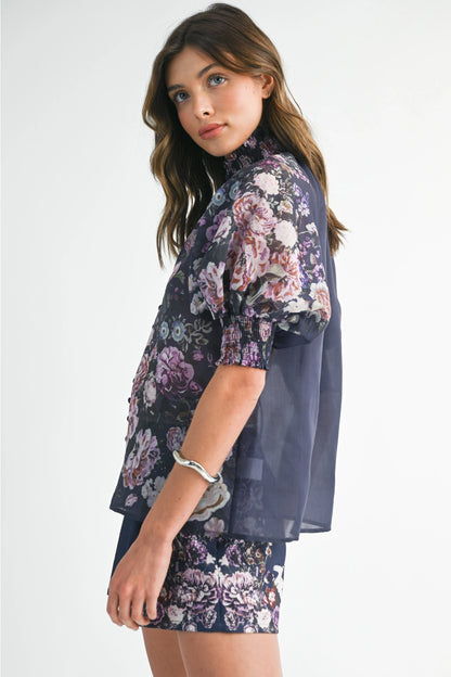 Floral Button Up Top and Short Set - Navy Flower