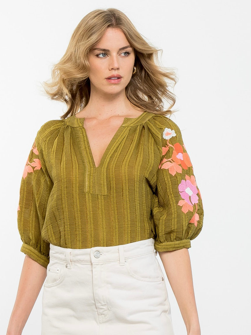 THML - Floral Embroidered Puff Sleeve Top - Green