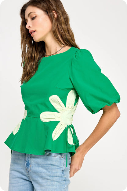 Flower Color-Block Poplin Top - Emerald/Light Lime