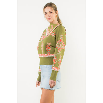 Long Sleeve Print Sweater - Olive