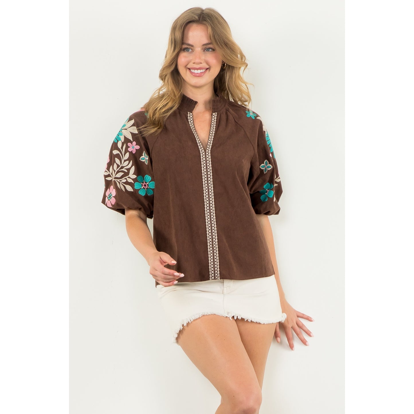 THML - Embroidered Puff Sleeve Corduroy Top - Brown