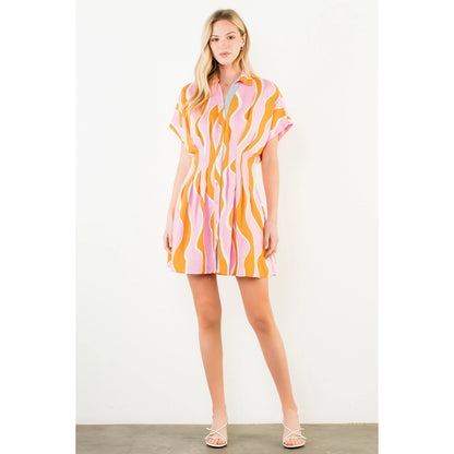 Short Sleeve Wavy Striped Pattern Dress - Pink