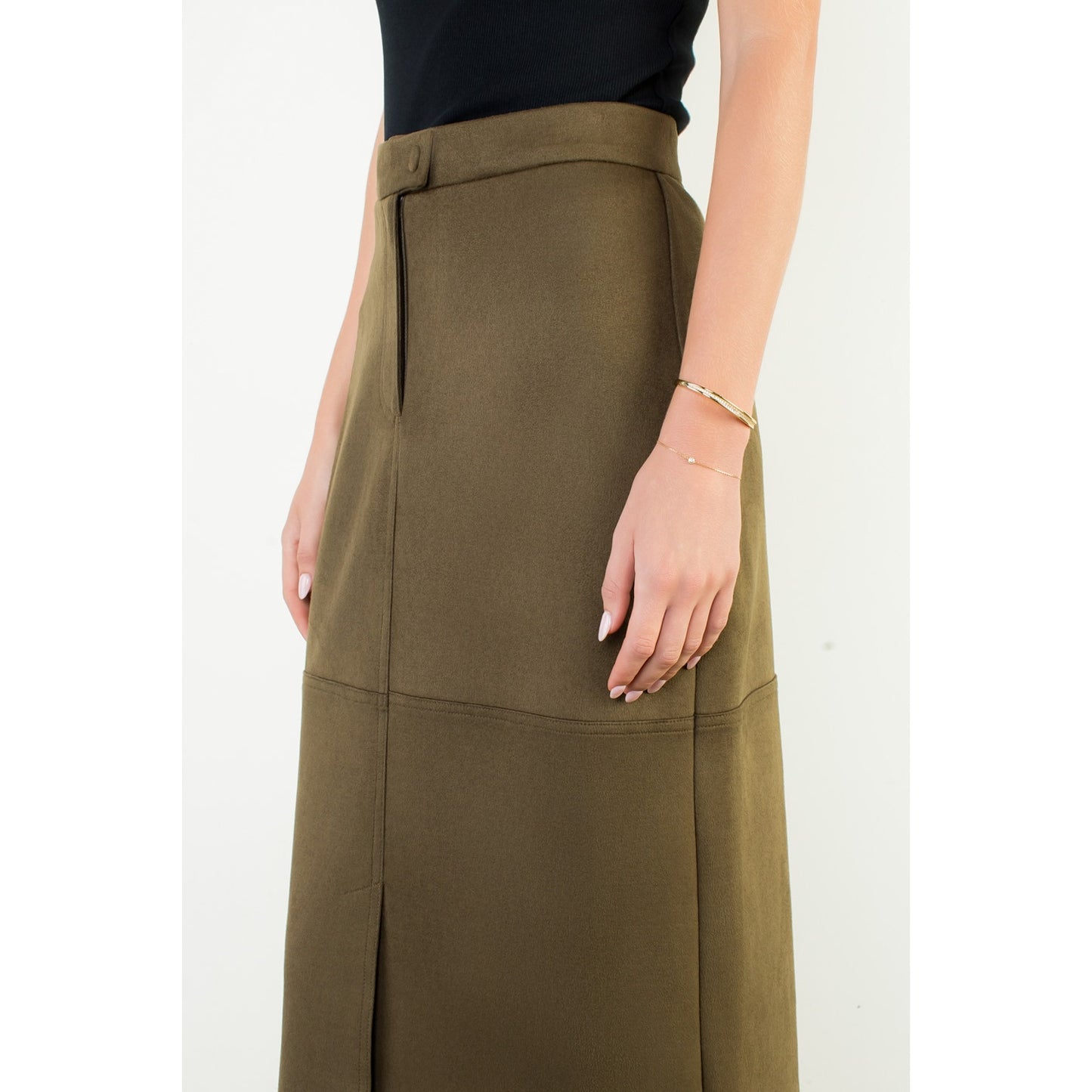 Front Slit Suede Long Skirt - Olive