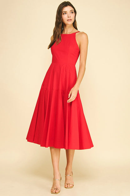 Halter Neck A-Line Midi Dress - Red